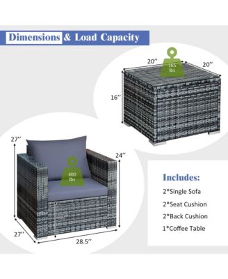 3 PCS Patio Rattan Furniture Bistro Set Cushioned Sofa Chair Glass Table Garden