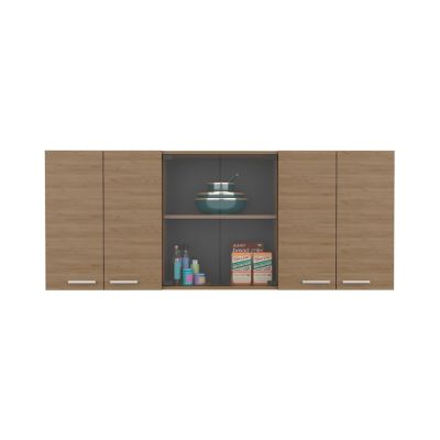 Oceana 150 Wall Cabinet with Four Doors, Two Internal Shelves, Internal Plate and Glass Organizer, Two Storage Shelves with Two Glass Doors, Natural Oak