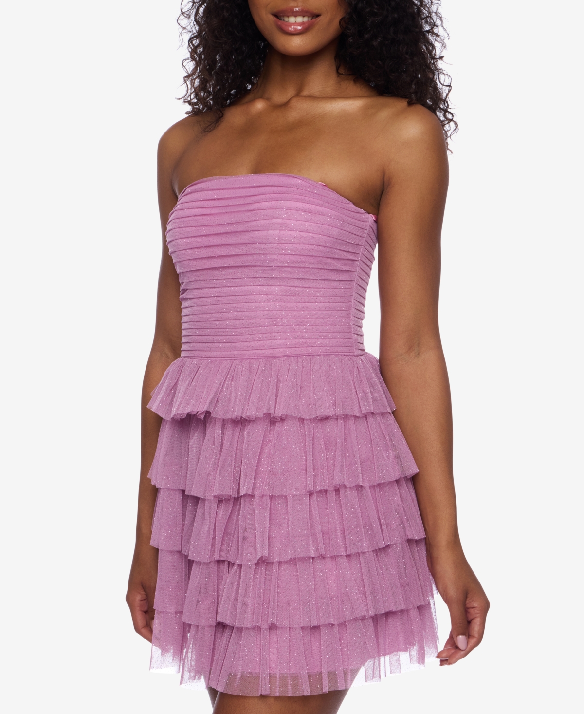 B Darlin Juniors' Strapless Side-shirred Tiered Glitter Mini Dress