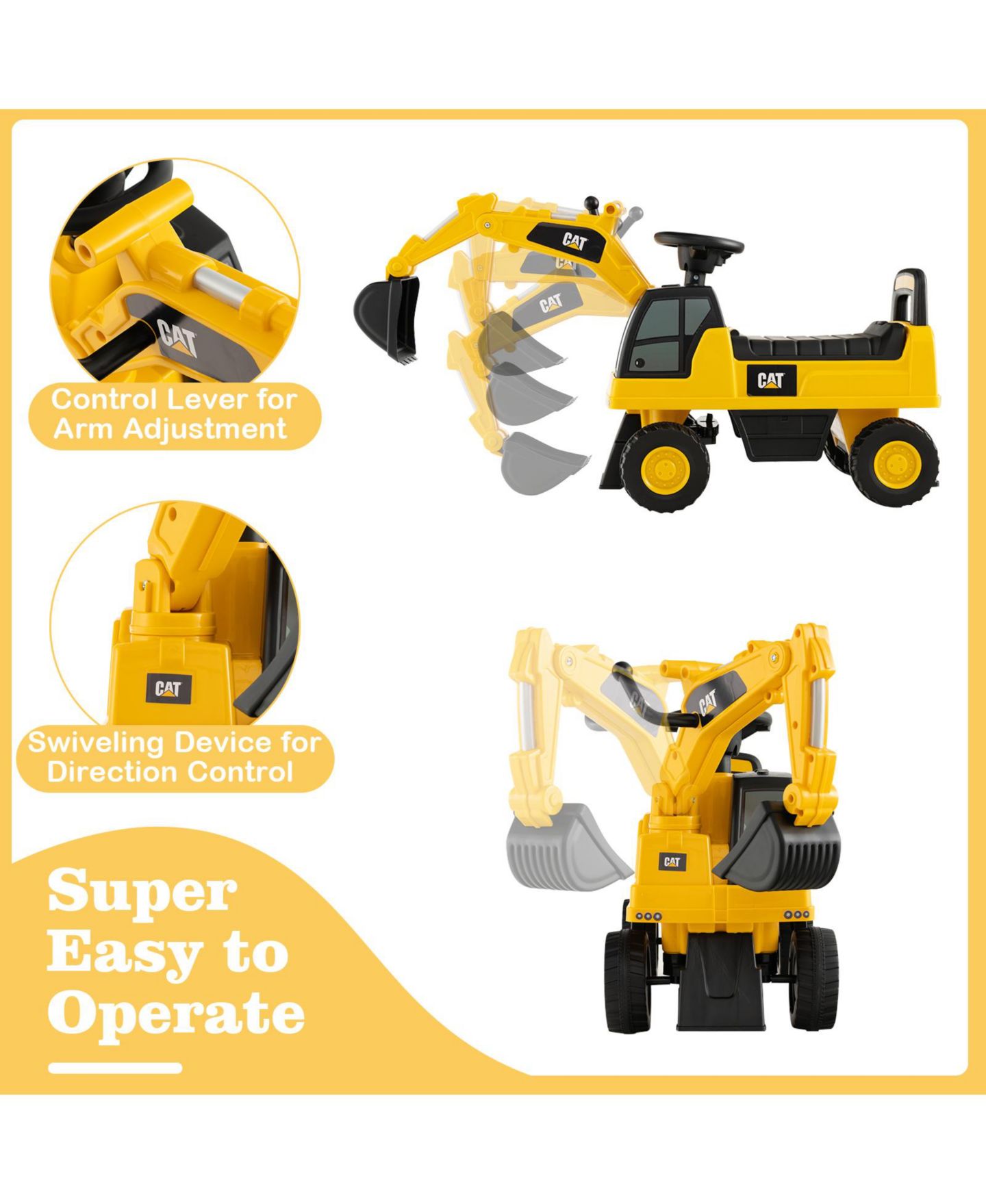 Детская игрушка Mecale Excavator, 29"L x 12"W x 21.5"H, Rotatable Digging Bucket, Ride-On Toy, 55 lbs Capacity, Ages 1+, цвет: Жёлтый — фото 7