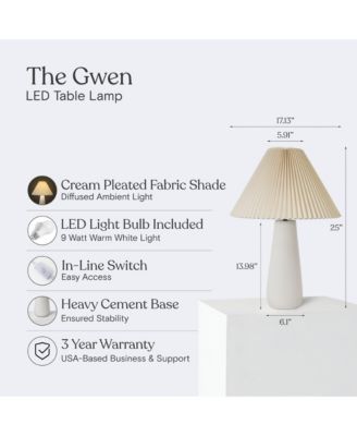 Gwen LED Modern Table Lamp with Cream Pleated Fabric Shade and Weighted Base, Bulb Included (25")