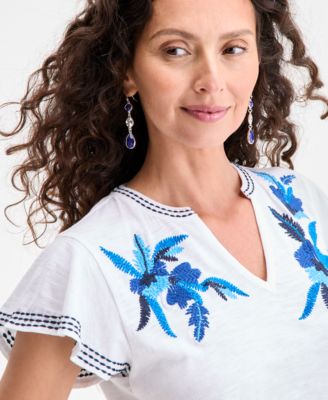 売れ筋商品|||スタイルアンドコー カットソー トップス レディース Women's Cotton Embroidered Flutter-Sleeve Top, Exclusively at Macy's Bright White Style & Co Women's Cotton Embroidered Flutter-Sleeve Top