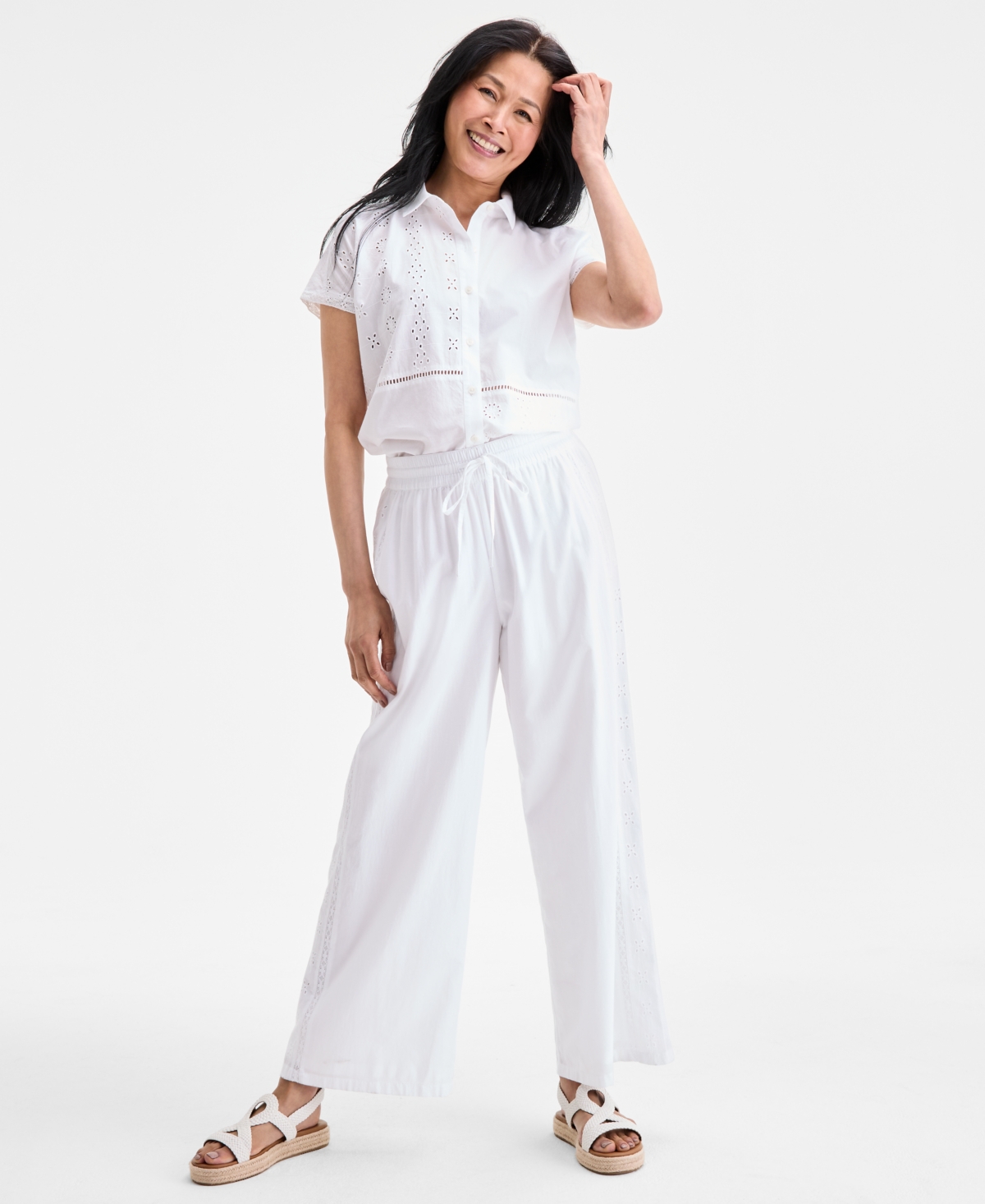 Women's Cotton Eyelet Pull-On Wide-Leg Pants, Exclusively at Macy's - Industrial Blue