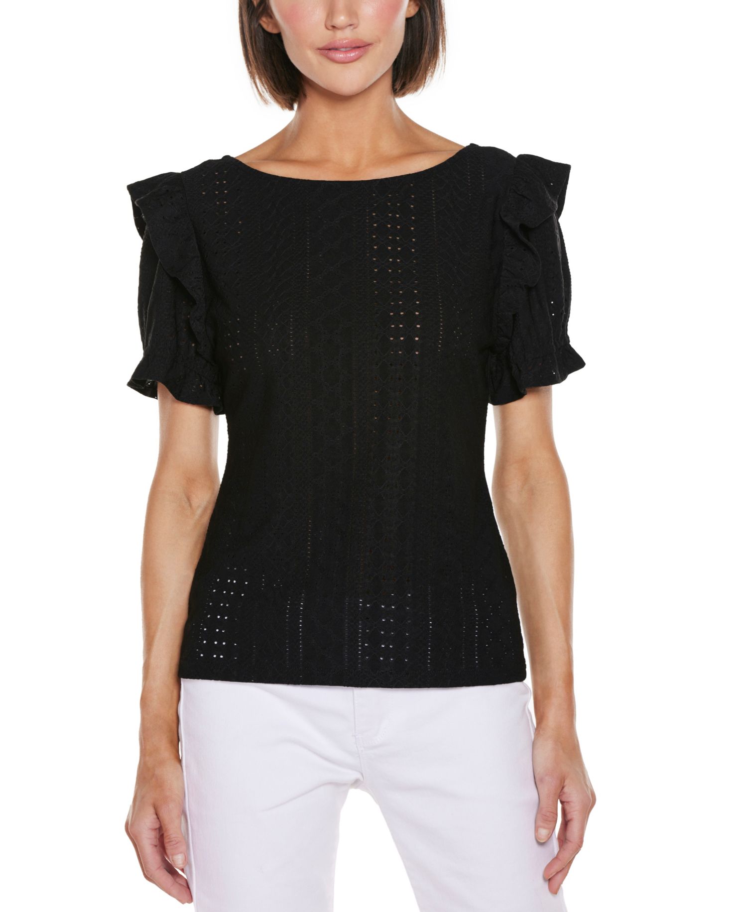 Women's Knit Eyelet Ruffle Sleeve Top