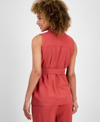 Women's Sleeveless Tie-Waist Patch-Pocket Jacket