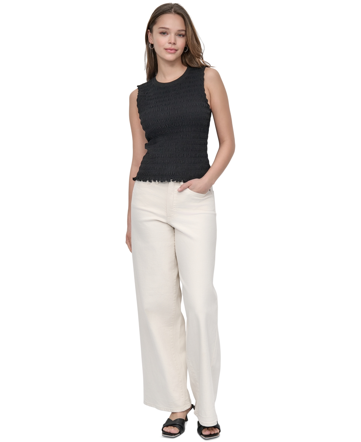 Dkny Jeans Smocked Sleeveless Top In Black