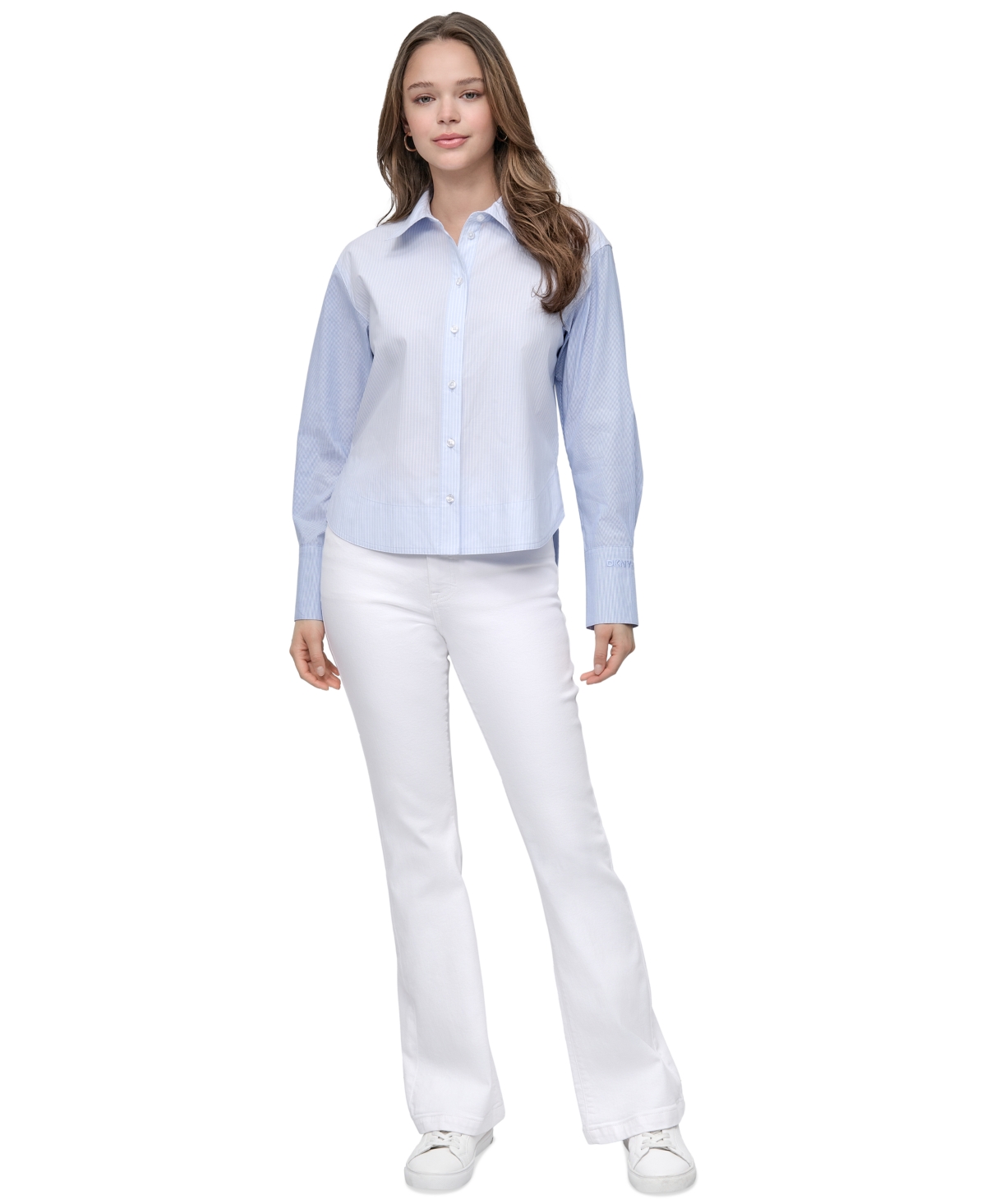 DKNY JEANS WOMEN'S CROPPED LONG-SLEEVE BUTTON-FRONT SHIRT 