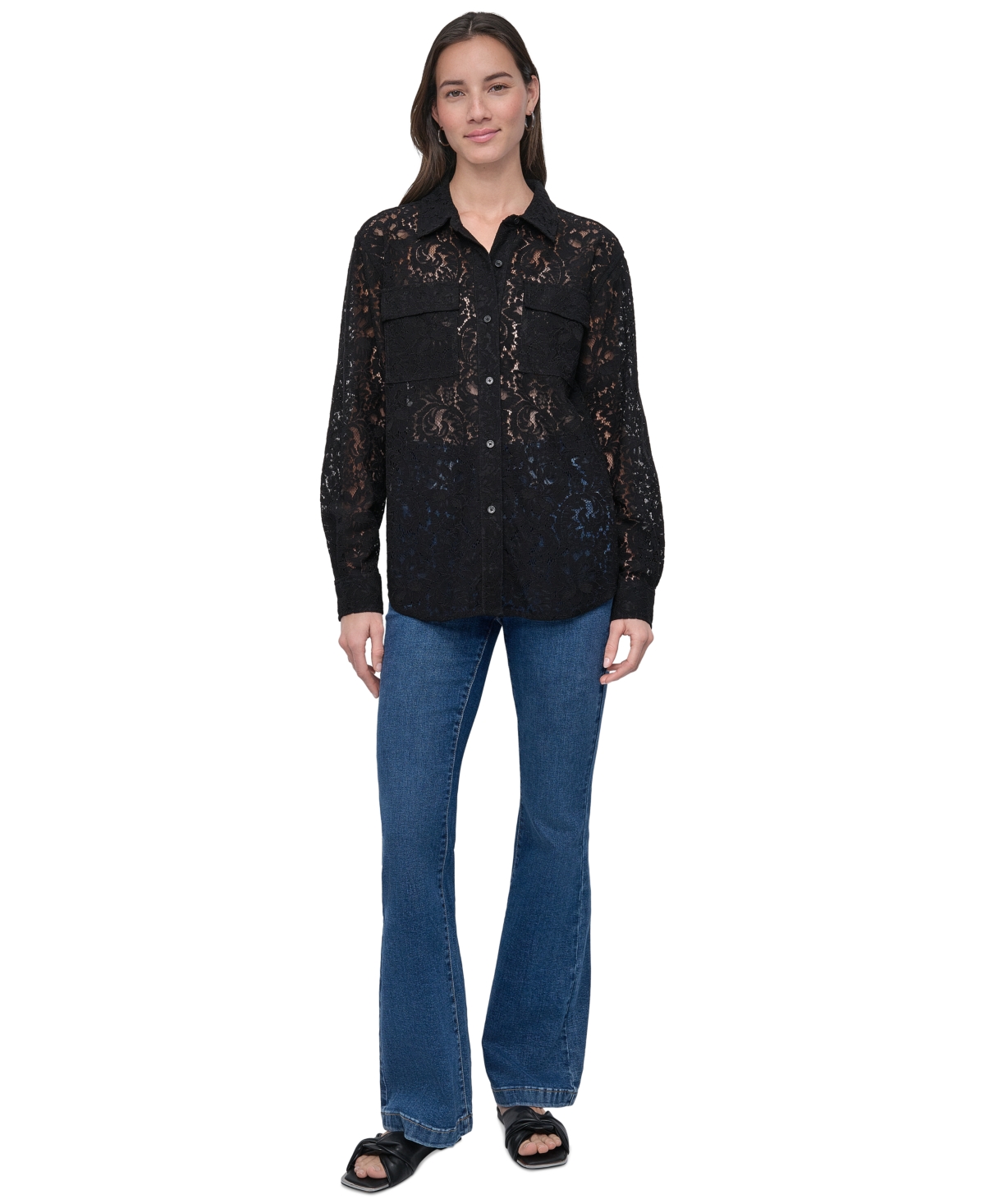 DKNY JEANS WOMEN'S LONG SLEEVE BUTTON FRONT LACE SHIRT 