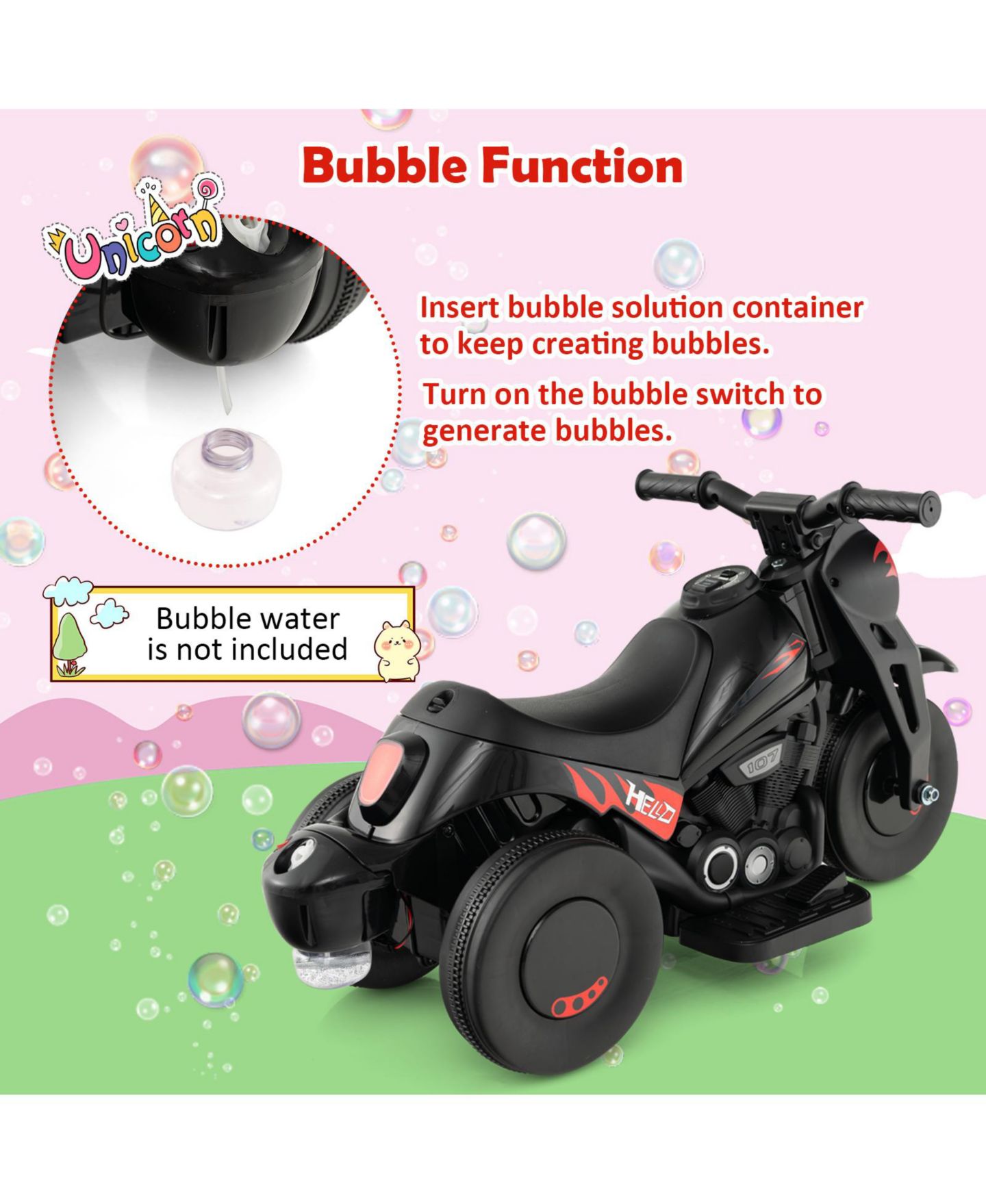 Детская игрушка Mecale 6V Bubble Maker Music Electric Ride-On Motorcycle, 32"L x 14"W x 17"H, Ages 2+, цвет: Чёрный — фото 4