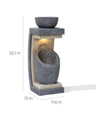 Gray Resin Column and Bowl Sculpture Outdoor Fountain with Lights