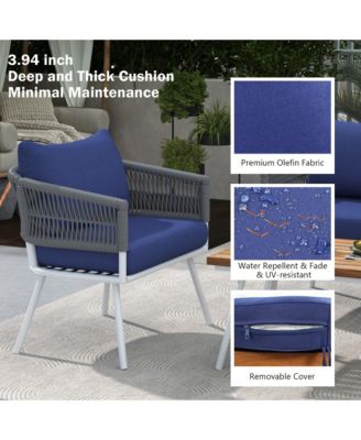 Outdoor  4-Piece Boho Rope Patio Furniture Set with Acacia Wood Table, Patio Conversation Set with Deep Seating & Thick Cushion