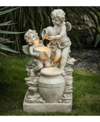 Gray Resin Cherub Angels Outdoor Fountain with LED Light