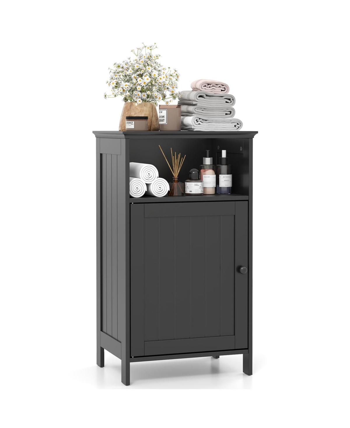 Bathroom Freestanding Adjustable Shelf Floor Storage Cabinet - Black