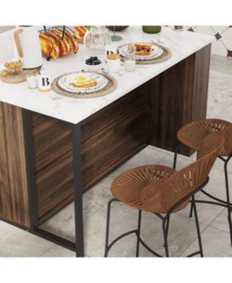 Kitchen island with 2 drawers, iron feet, island storage table with dining table, coffee station and microwave rack for home, dining room, marble and wood grain, wooden