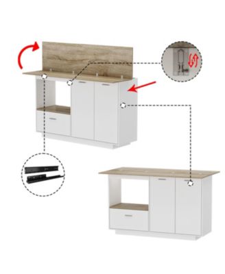 kitchen island with 2 doors, 1 drawer, dining table, coffee station & microwave rack—white wooden design for home or dining room.