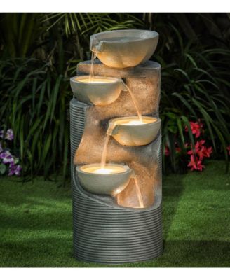 Modern Gray Resin Tiered Bowls Outdoor Fountain with Lights