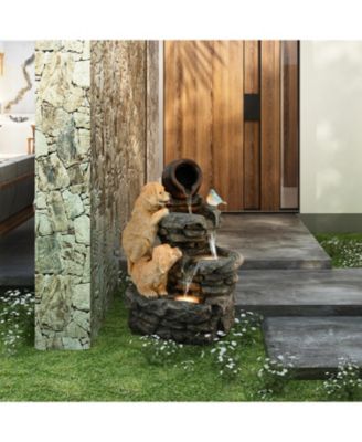 Puppy Rock Tower Farmhouse Resin Outdoor Fountain with Lights