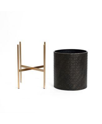 Set of 2 Black Floral Stamped Metal Cachepot Planters