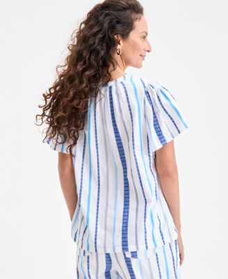 Women's Cotton Stripe Split-Neck Flutter-Sleeve Top, Exclusively at Macy's