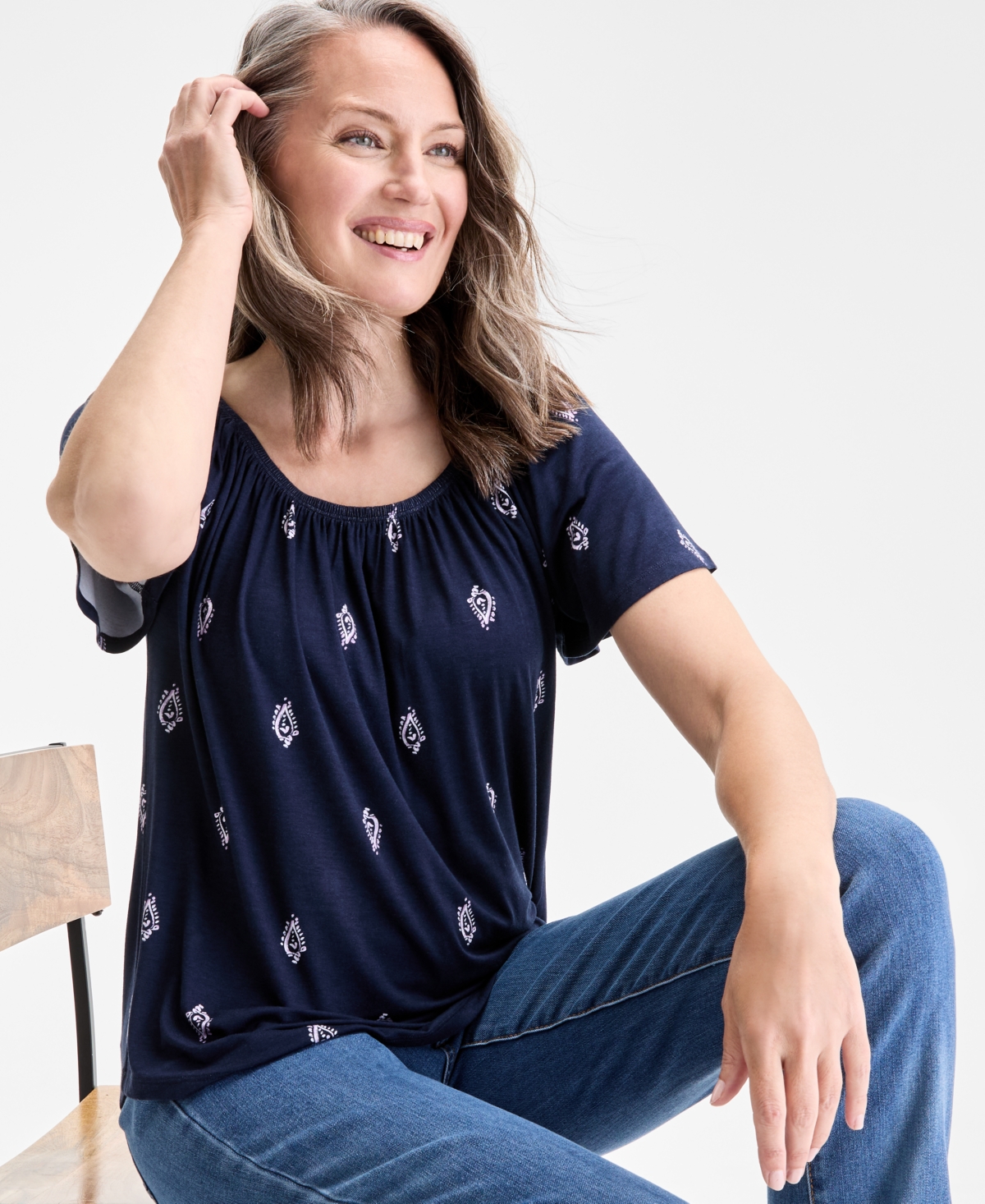 Women's Printed Shirred Scoop-Neck Top, Exclusively at Macy's - Industrial Blue Combo