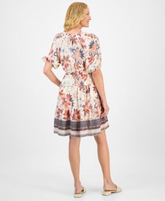 Women's Printed Puff-Sleeve Tie-Waist Dress