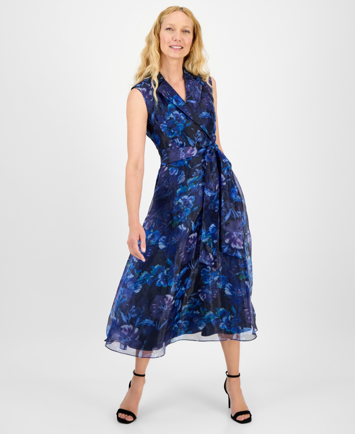 Women's Printed Fit & Flare Tie-Waist Dress - Blue Multi