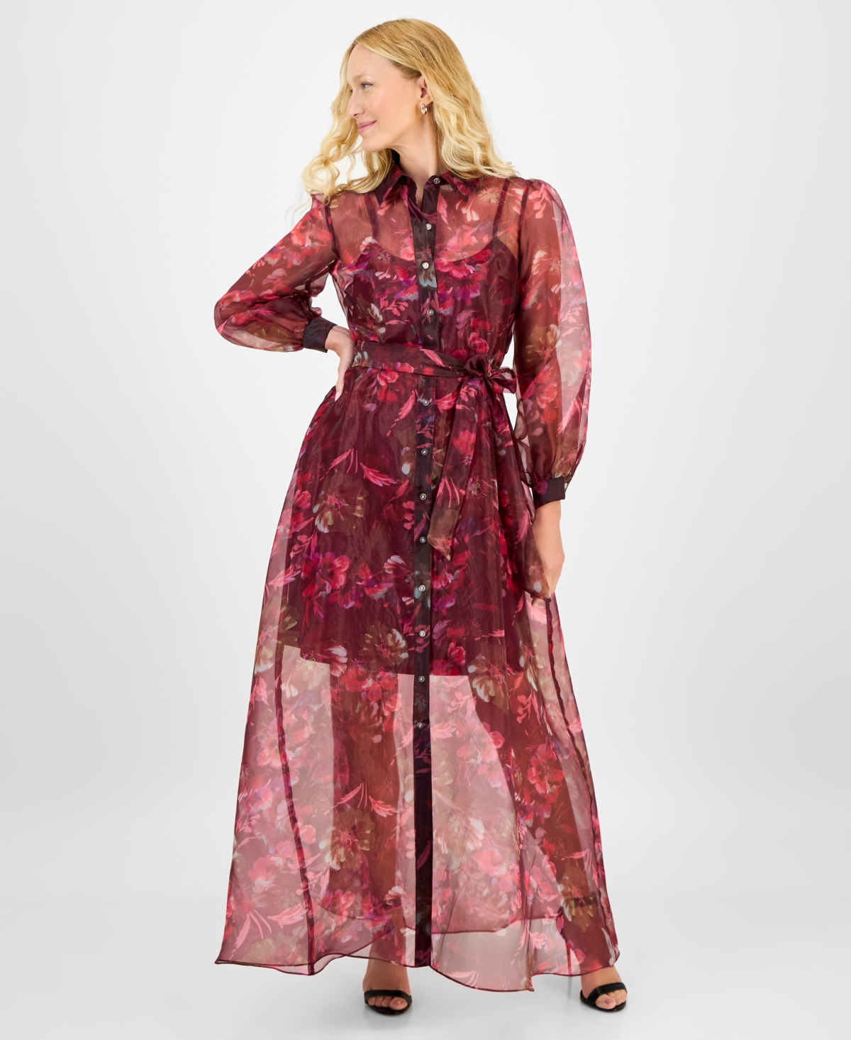 Women's Printed Button-Front Long-Sleeve Gown - Burgndpink