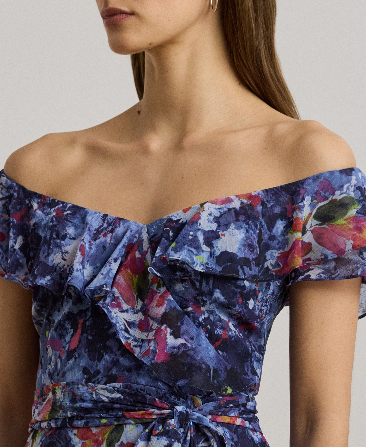 Ralph Lauren Print Off-the-shoulder Cocktail Dress In Blue