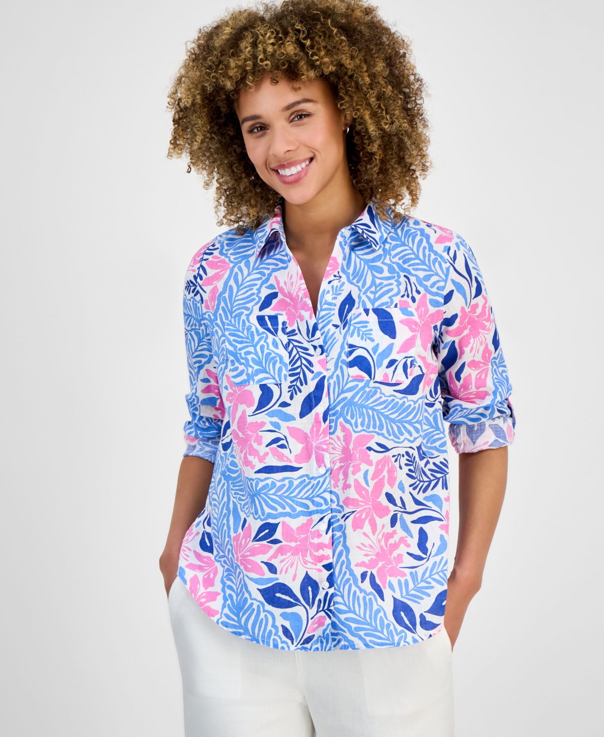 CHARTER CLUB WOMEN'S PRINTED 100% LINEN ROLL-TAB SHIRT, EXCLUSIVELY AT MACY'S 