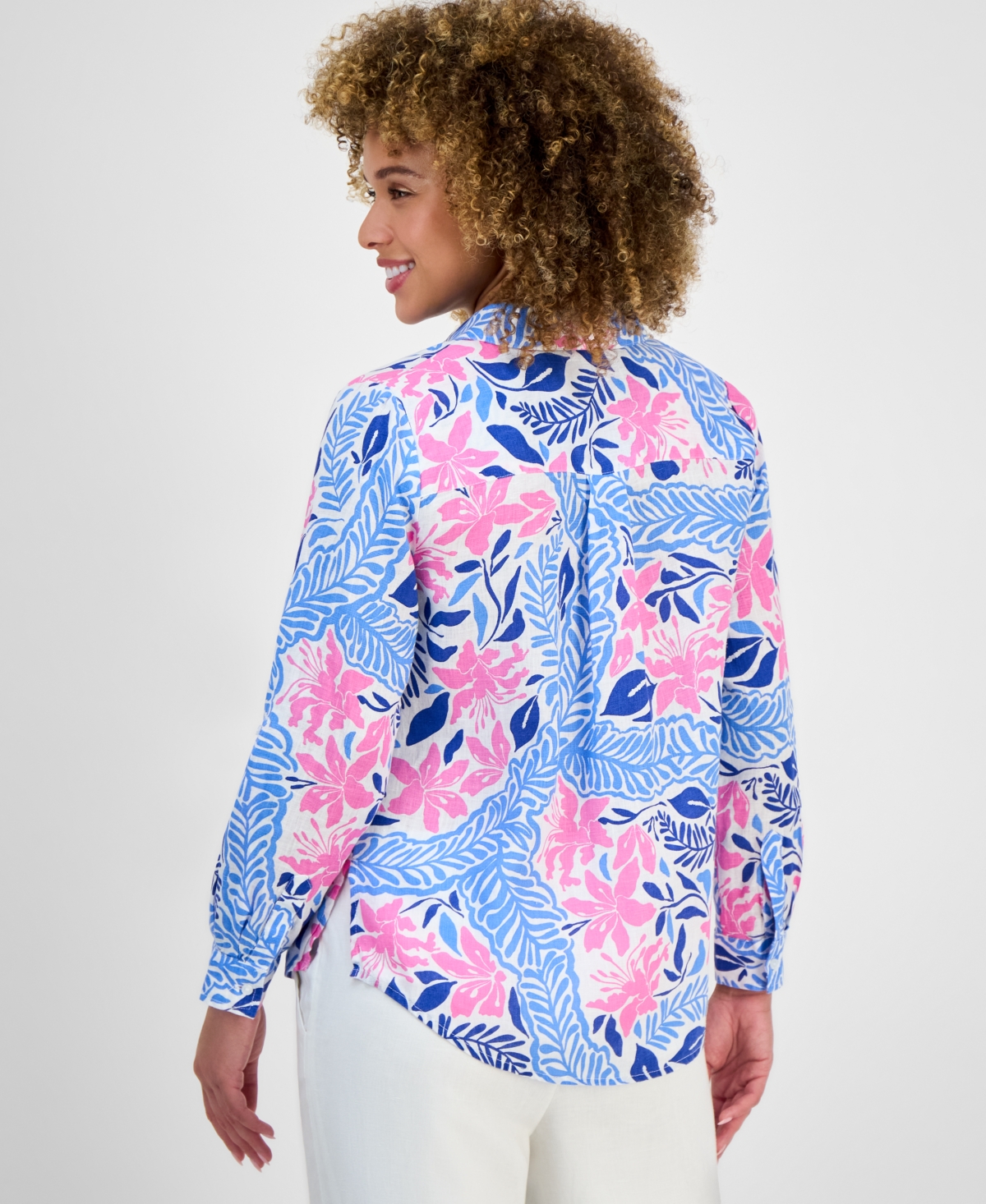 CHARTER CLUB WOMEN'S PRINTED 100% LINEN ROLL-TAB SHIRT, EXCLUSIVELY AT MACY'S 