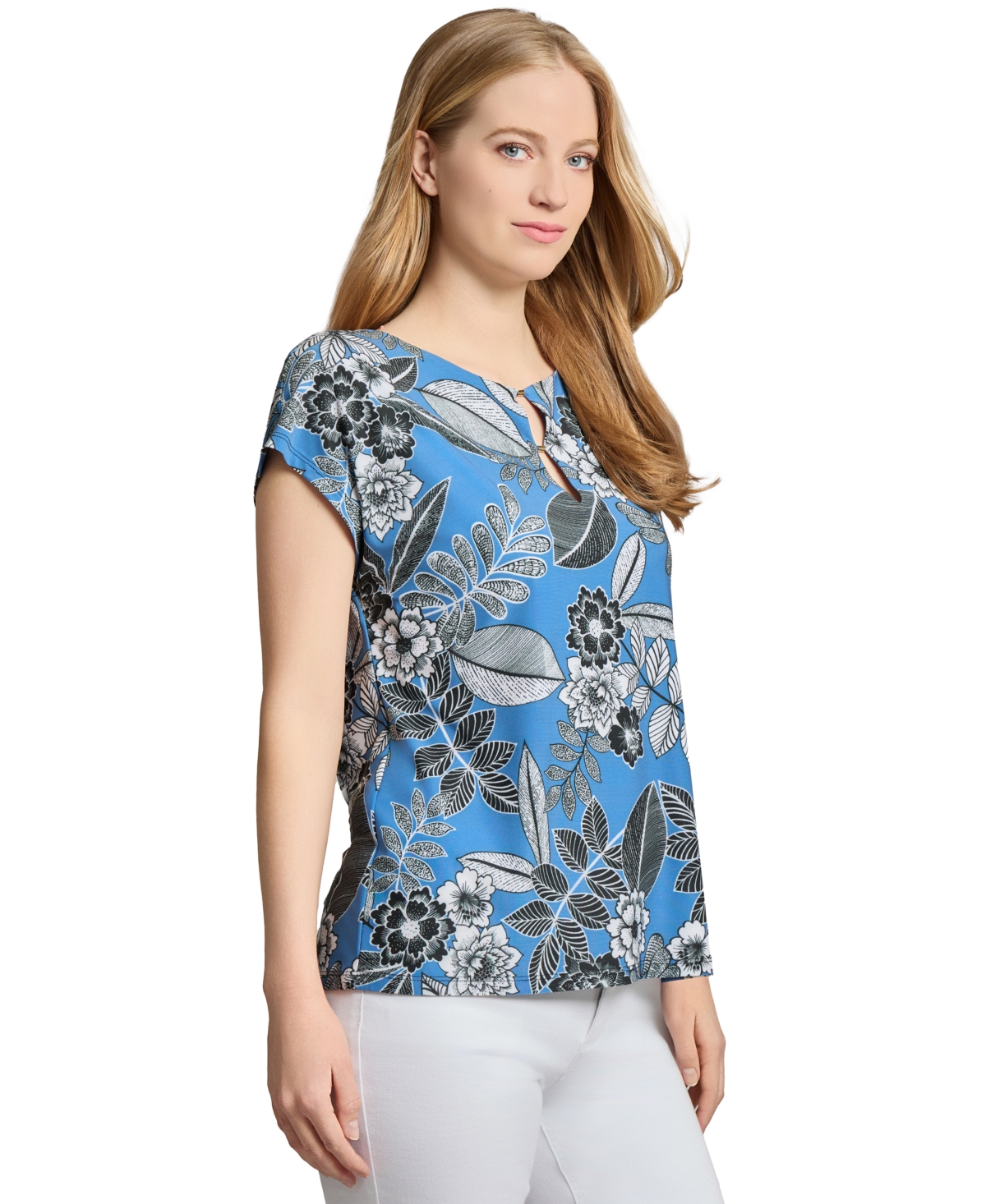 Jones New York Womens Printed Keyhole Extended Shoulder Top Xs Pxl In Blue