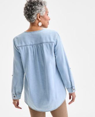 Petite Cotton Split-Neck Long-Sleeve Shirt, Exclusively at Macy's