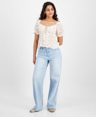 Juniors Sweetheart Neck Puff Sleeve Top Celebrity Pink Wide Leg Elastic Back Jeans