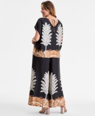 Vince Camuto June Hero Look Plus Size Placed Print Boat Neck Caftan Blouse Printed Pull On Wide Leg Pants In Black