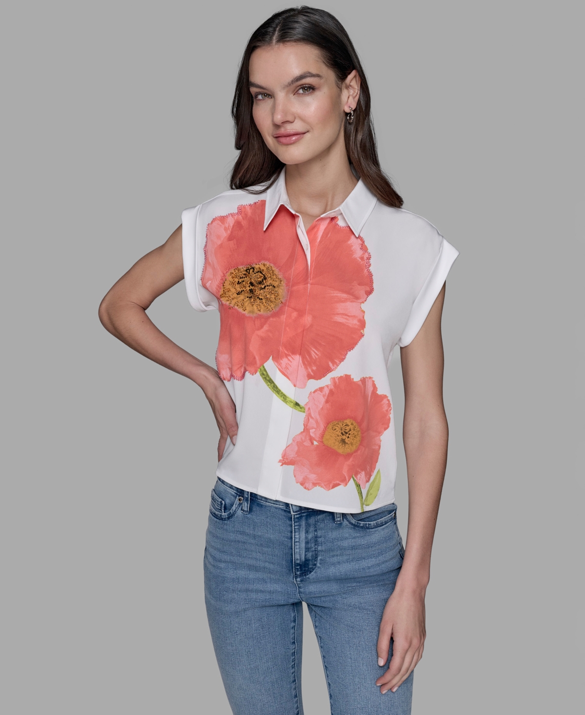 Karl Lagerfeld Petite Big Flower Print Button-front Blouse In White