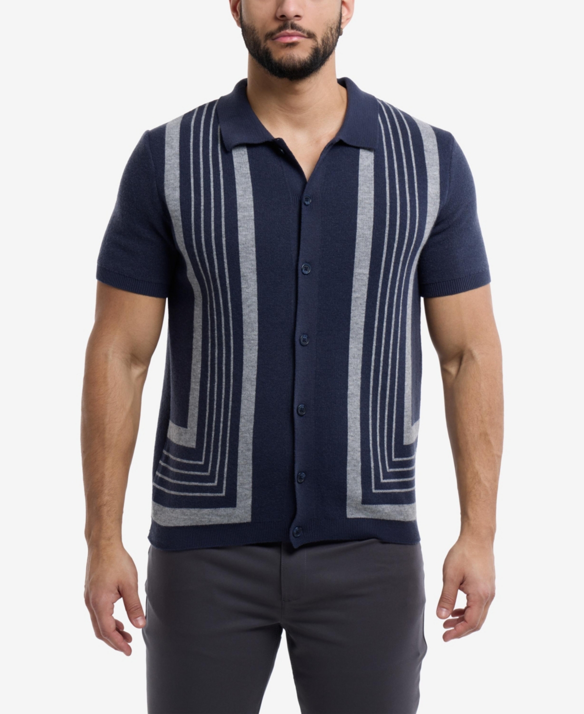 Men's Stripe Short Sleeve Sweater Polo Shirt - Navy