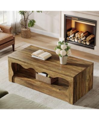 47.24-Inch Farmhouse Coffee Tables, 2-Tier Wooden Rectangular Accent Center Low Cocktail Tea Table with Open Storage Shelf, Rustic Brown