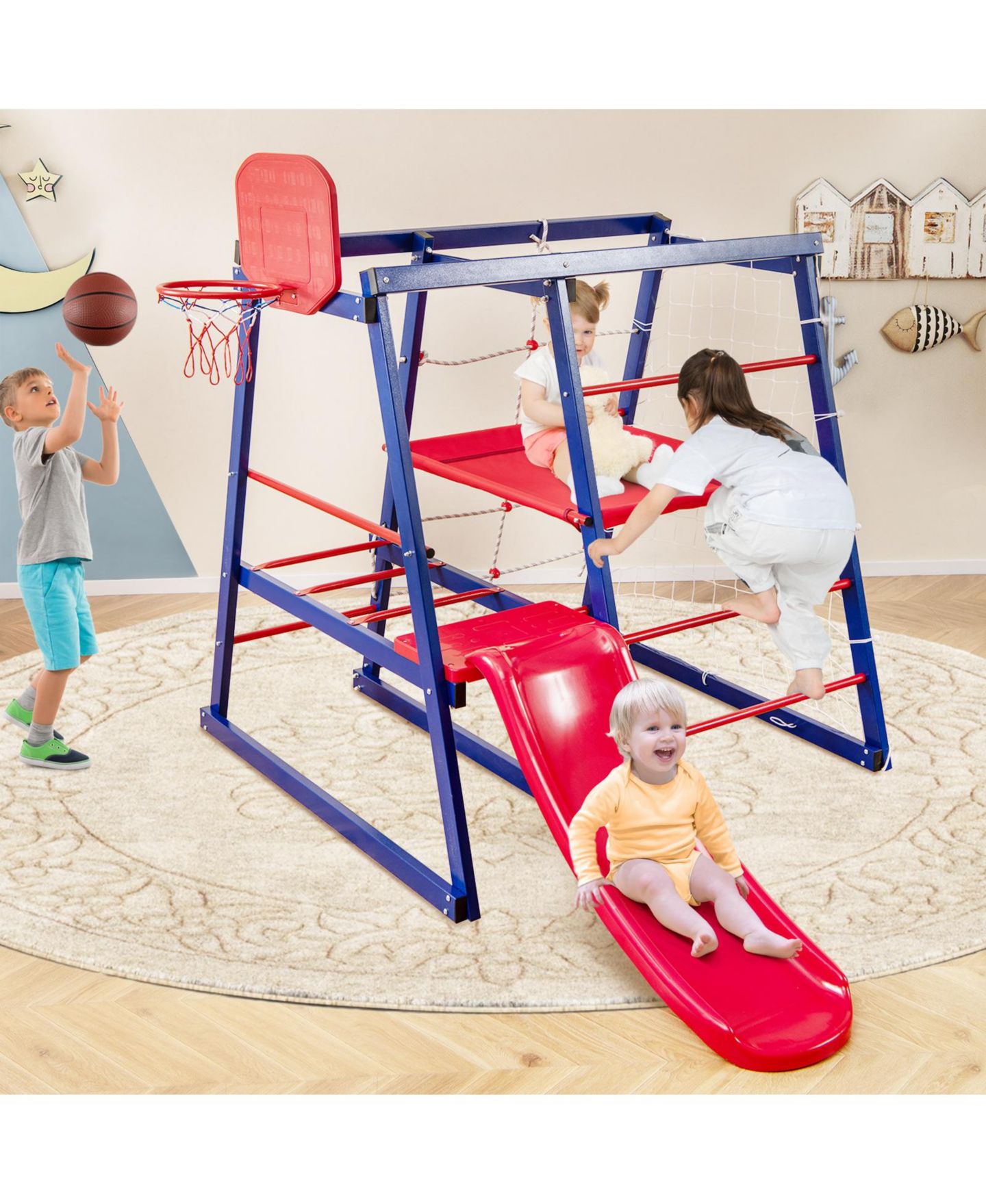 Детская игрушка Mecale 7-In-1 Metal Climbing Playground with Slide, Climbing Net & Basketball Hoop, Ages 3-7, цвет: Синий — фото 8