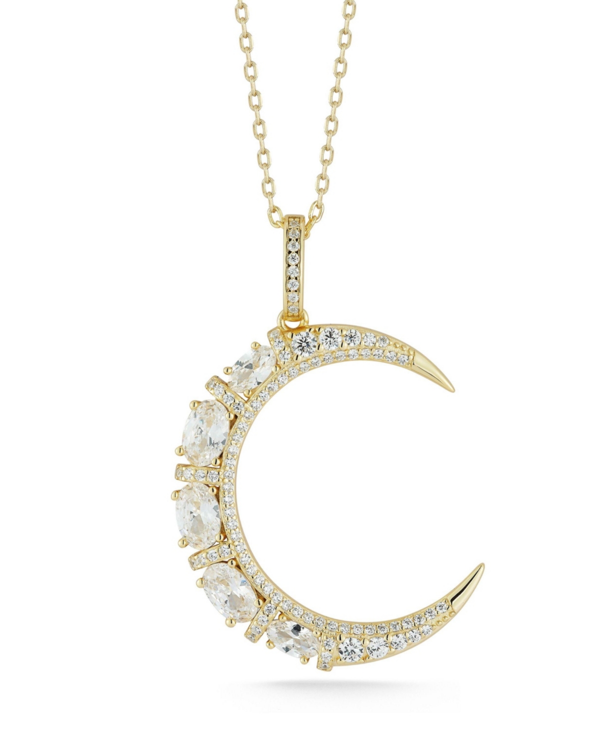 14K Gold Plated Sterling Silver Pave Crescent Moon Pendant Necklace - Gold