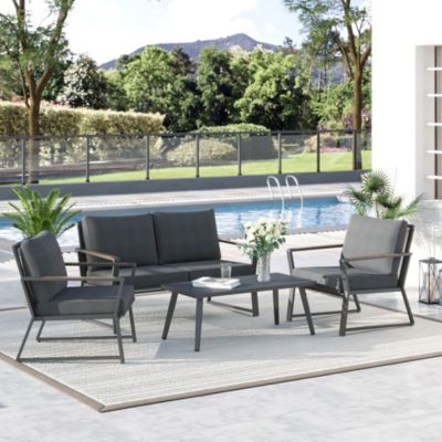 4 Piece Patio Furniture Set, Aluminum Conversation Set, Outdoor Garden Sofa Set with Armchairs, Loveseat, Center Coffee Table and Cushions
