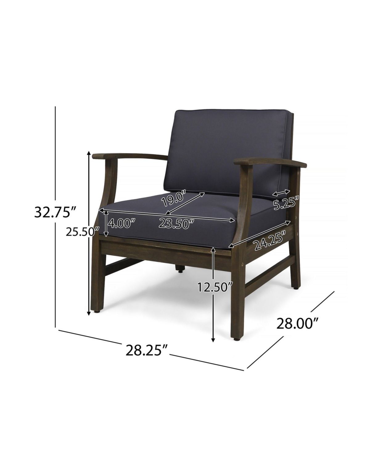 Acacia Wood Outdoor Patio Lounge Club Chair for Patio Garden with Dark Gray Cushions