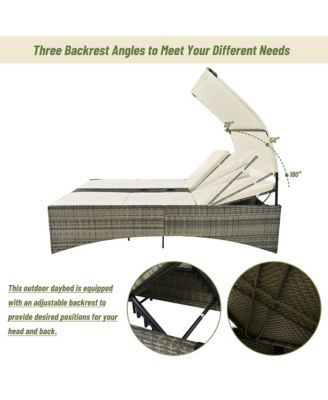 TREXM Outdoor Daybed Patio Rattan Daybed 5 Position Adjustable Backrest Removable Cushions White Frame