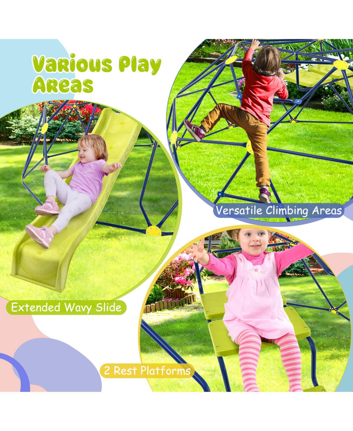 Детская игрушка Mecale Geometric Dome Climber 13.3 Ft with Extended Wavy Slide and 2 Rest Platforms, Ages 3-10, цвет: Синий — фото 5