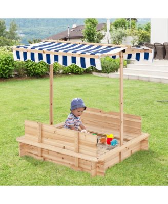 Kids Wooden Sandbox with Canopy & Foldable Bench Seats