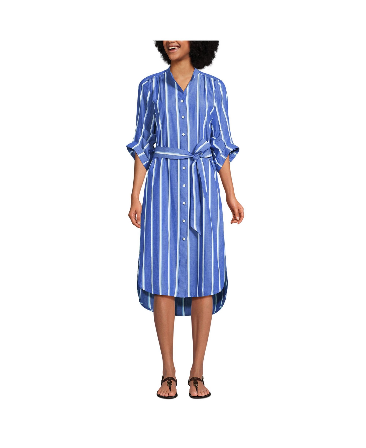 Women's Poplin Oversized Puff Sleeve Midi Shirt Dress - Blue/white shadow stripe