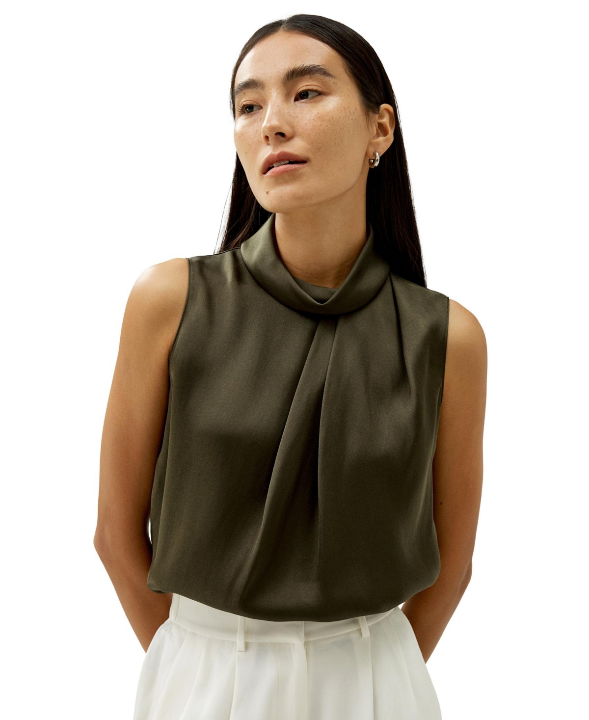 Women's Asymmetrical Sleeveless Cowl Neck Top - Dark olive