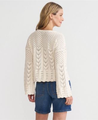 Women's Cotton Boucle Pointelle Notch Neck Sweater