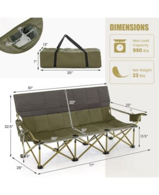 3 Person Folding Camping Chair with 2 Cup Holders Cotton Padding & Storage Bag