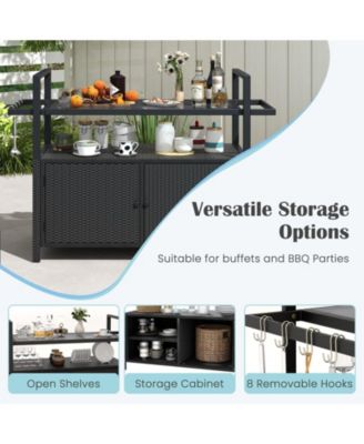 Outdoor Bar Cart Wicker Buffet Serving Cart with Cabinet and 8 Hooks