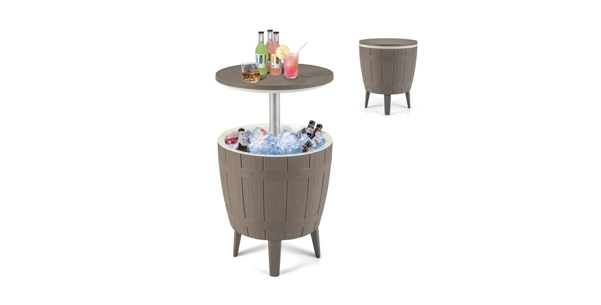 10 Gallon Cooler Bar Table Outdoor Coffee Table Ice Bucket with Telescopic Tabletop for Beer and Wine - Brown